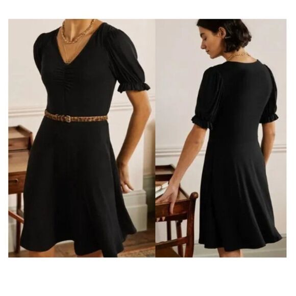 Boden Black V-Neck Fit & Flare Puff Sleeve Elastic Cuffs Feminine Dress, Size 4 - Picture 1 of 10